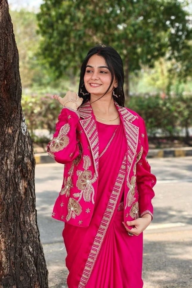 New Trending Pink Party Saree with Jacket | Ready to Wear | Embroidery Work - Rosepetals Luxe