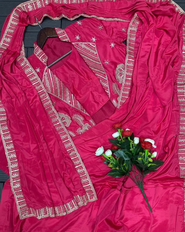New Trending Pink Party Saree with Jacket | Ready to Wear | Embroidery Work - Rosepetals Luxe