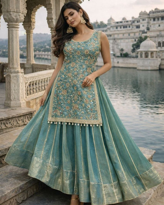 New Trendy Lehenga Choli | Soft Aura Silk | Blouse With Heavy Resham Work & Mirror Lace | Perfect For Festive Occasions And Celebrations - Rosepetals Luxe