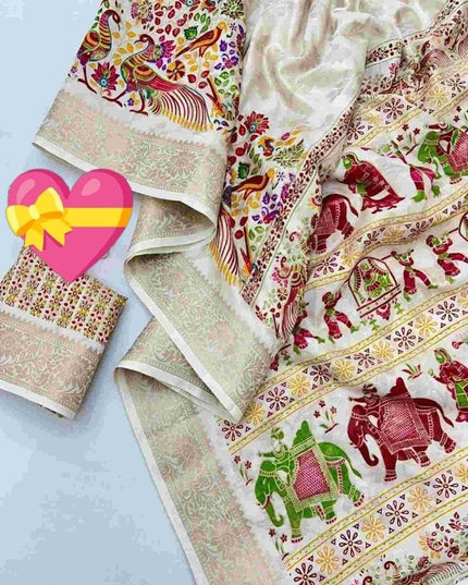 Off-White Dola Silk Saree with Zari Border - Rosepetals Luxe