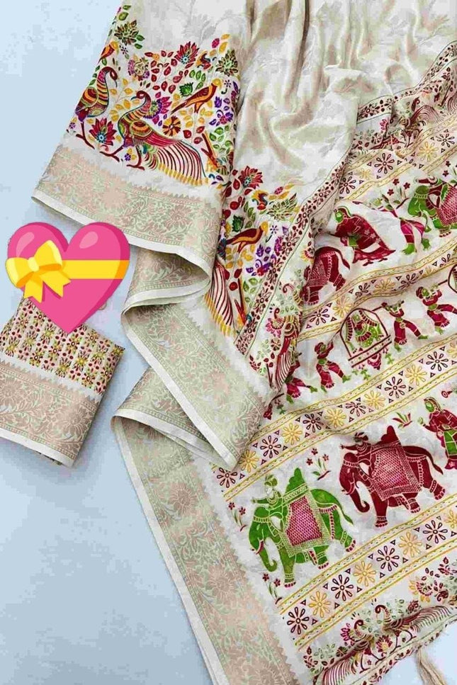 Off-White Dola Silk Saree with Zari Border - Rosepetals Luxe