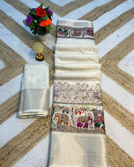 Off-White Dola Silk Saree with Zari Border - Rosepetals Luxe