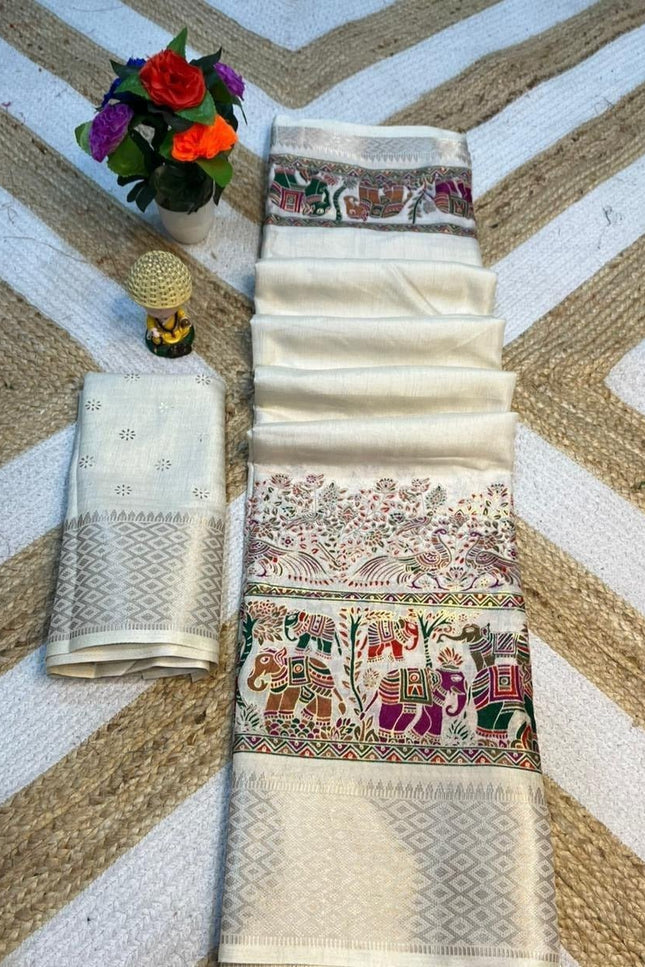 Off-White Dola Silk Saree with Zari Border - Rosepetals Luxe