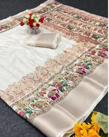 Off-White Dola Silk Saree with Zari Border - Rosepetals Luxe