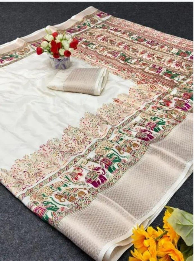 Off-White Dola Silk Saree with Zari Border - Rosepetals Luxe