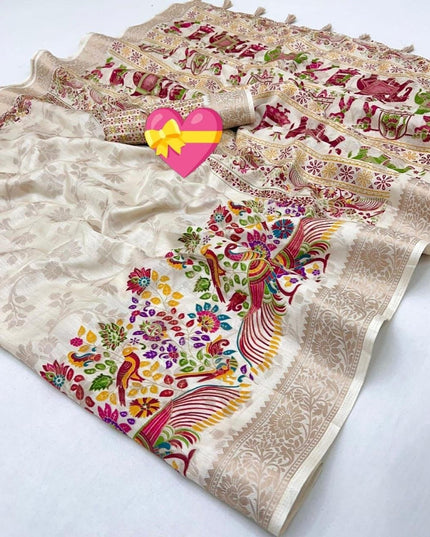 Off-White Dola Silk Saree with Zari Border - Rosepetals Luxe