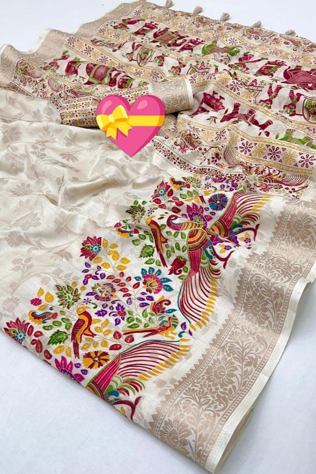 Off-White Dola Silk Saree with Zari Border - Rosepetals Luxe