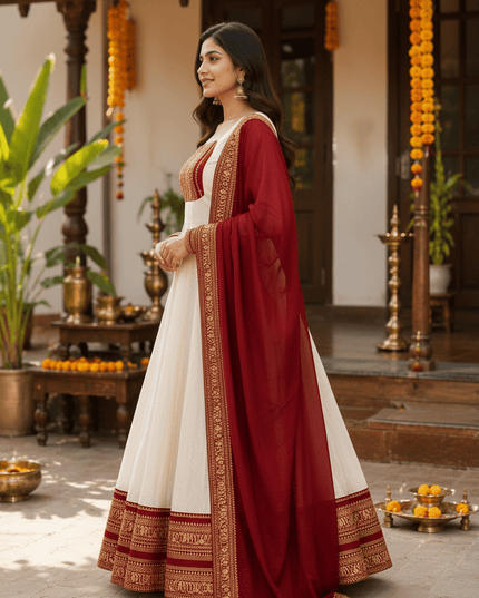 Onam Cotton Chanderi Maxi Gown With Dupatta | Jacquard Silk Border | 4 Meter Flare | Sizes 36–46 - Rosepetals Luxe
