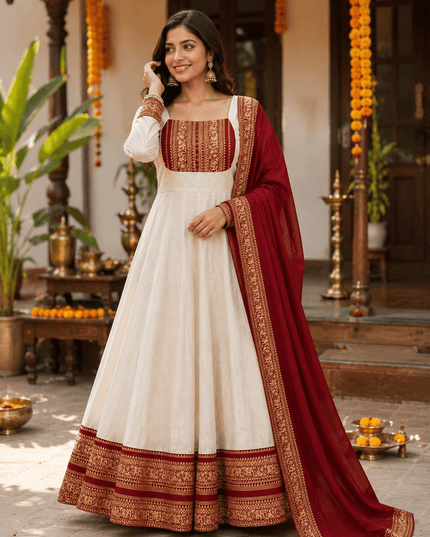 Onam Cotton Chanderi Maxi Gown With Dupatta | Jacquard Silk Border | 4 Meter Flare | Sizes 36–46 - Rosepetals Luxe