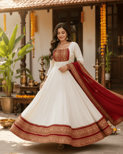 Onam Cotton Chanderi Maxi Gown With Dupatta | Jacquard Silk Border | 4 Meter Flare | Sizes 36–46 - Rosepetals Luxe