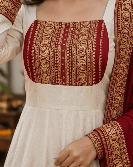 Onam Cotton Chanderi Maxi Gown With Dupatta | Jacquard Silk Border | 4 Meter Flare | Sizes 36–46 - Rosepetals Luxe