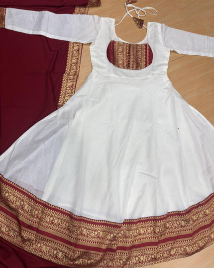 Onam Cotton Chanderi Maxi Gown With Dupatta | Jacquard Silk Border | 4 Meter Flare | Sizes 36–46 - Rosepetals Luxe