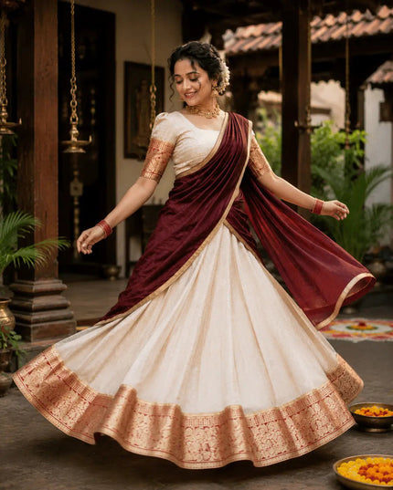 Onam Festival Jacquard Lehenga Choli Set | Stitched Blouse & Chanderi Dupatta - Rosepetals Luxe