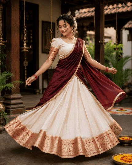 Onam Festival Jacquard Lehenga Choli Set | Stitched Blouse & Chanderi Dupatta - Rosepetals Luxe