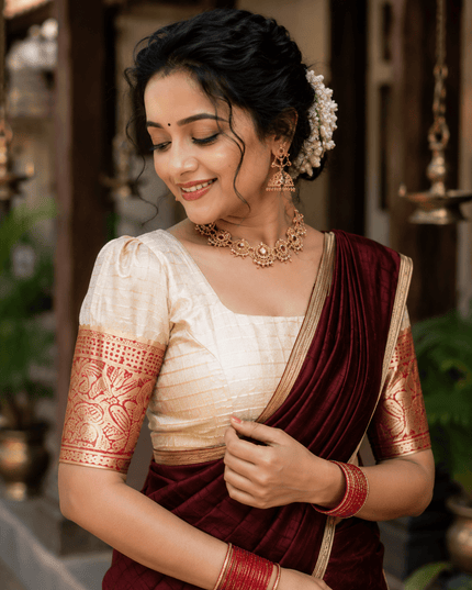 Onam Festival Jacquard Lehenga Choli Set | Stitched Blouse & Chanderi Dupatta - Rosepetals Luxe