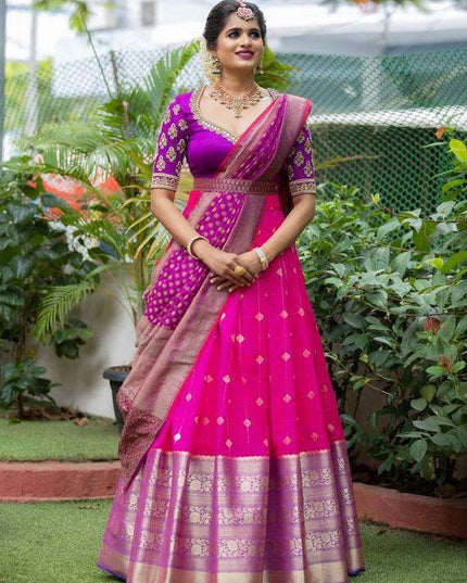 Onam Kanjivaram Silk Half Saree for Women Zari Weaving Lehenga with Embroidered Banglory Blouse and Mirror Work Dupatta Kerala Festive Ethnic Wear - Rosepetals Luxe
