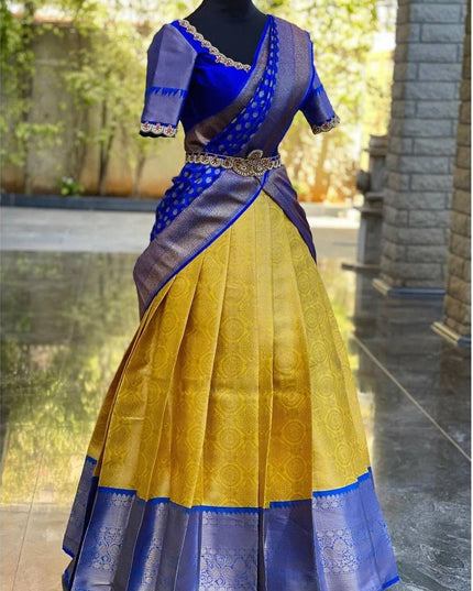 Onam Kanjivaram Silk Half Saree for Women Zari Weaving Lehenga with Embroidered Banglory Blouse and Mirror Work Dupatta Kerala Festive Ethnic Wear - Rosepetals Luxe