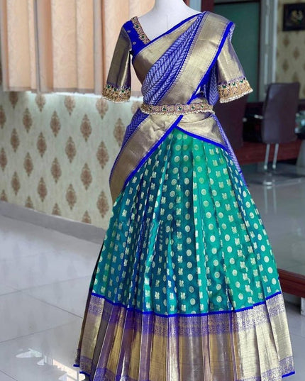 Onam Kanjivaram Silk Half Saree for Women Zari Weaving Lehenga with Embroidered Banglory Blouse and Mirror Work Dupatta Kerala Festive Ethnic Wear - Rosepetals Luxe