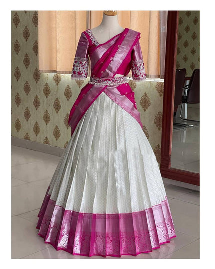 Onam Kanjivaram Silk Half Saree for Women Zari Weaving Lehenga with Embroidered Banglory Blouse and Mirror Work Dupatta Kerala Festive Ethnic Wear - Rosepetals Luxe