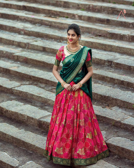 Onam Kanjivaram Silk Half Saree for Women Zari Weaving Lehenga with Embroidered Banglory Blouse and Mirror Work Dupatta Kerala Festive Ethnic Wear - Rosepetals Luxe