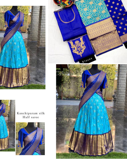 Onam Kanjivaram Silk Half Saree for Women Zari Weaving Lehenga with Embroidered Banglory Blouse and Mirror Work Dupatta Kerala Festive Ethnic Wear - Rosepetals Luxe