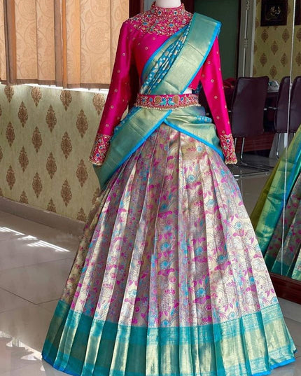 Onam Kanjivaram Silk Half Saree for Women Zari Weaving Lehenga with Embroidered Banglory Blouse and Mirror Work Dupatta Kerala Festive Ethnic Wear - Rosepetals Luxe
