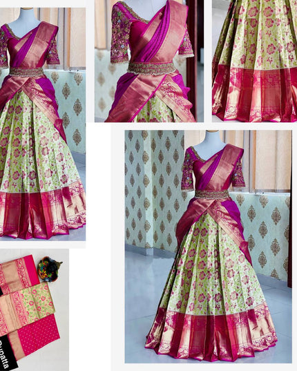 Onam Kanjivaram Silk Half Saree for Women Zari Weaving Lehenga with Embroidered Banglory Blouse and Mirror Work Dupatta Kerala Festive Ethnic Wear - Rosepetals Luxe