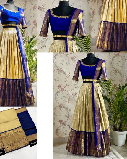 Onam Kanjivaram Silk Half Saree for Women Zari Weaving Lehenga with Embroidered Banglory Blouse and Mirror Work Dupatta Kerala Festive Ethnic Wear - Rosepetals Luxe