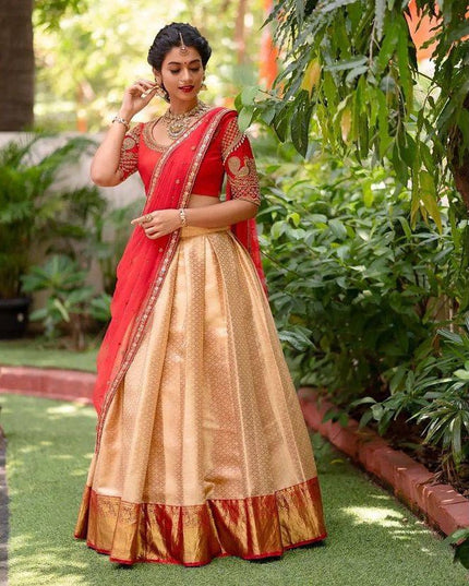 Onam Kanjivaram Silk Half Saree for Women Zari Weaving Lehenga with Embroidered Banglory Blouse and Mirror Work Dupatta Kerala Festive Ethnic Wear - Rosepetals Luxe