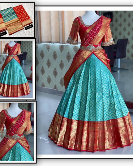 Onam Kanjivaram Silk Half Saree for Women Zari Weaving Lehenga with Embroidered Banglory Blouse and Mirror Work Dupatta Kerala Festive Ethnic Wear - Rosepetals Luxe