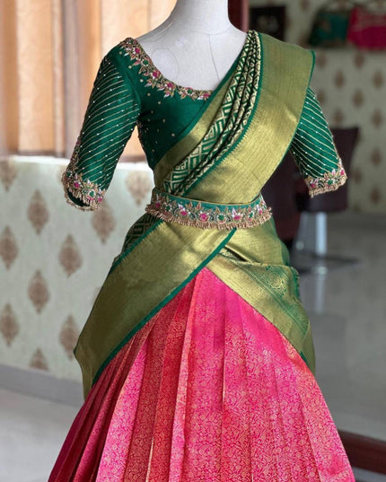 Onam Kanjivaram Silk Half Saree for Women Zari Weaving Lehenga with Embroidered Banglory Blouse and Mirror Work Dupatta Kerala Festive Ethnic Wear - Rosepetals Luxe
