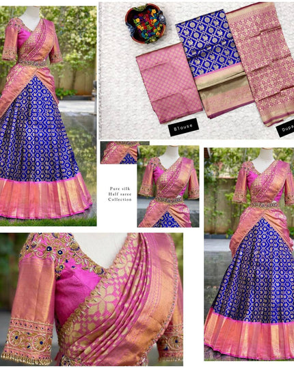 Onam Kanjivaram Silk Half Saree for Women Zari Weaving Lehenga with Embroidered Banglory Blouse and Mirror Work Dupatta Kerala Festive Ethnic Wear - Rosepetals Luxe