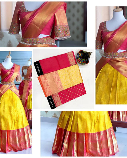 Onam Kanjivaram Silk Half Saree for Women Zari Weaving Lehenga with Embroidered Banglory Blouse and Mirror Work Dupatta Kerala Festive Ethnic Wear - Rosepetals Luxe