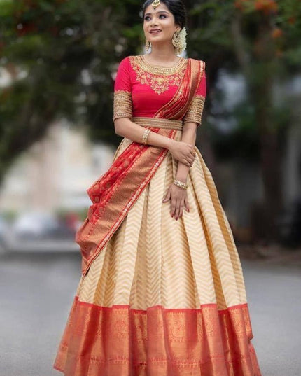 Onam Kanjivaram Silk Half Saree for Women Zari Weaving Lehenga with Embroidered Banglory Blouse and Mirror Work Dupatta Kerala Festive Ethnic Wear - Rosepetals Luxe