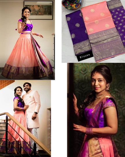 Onam Kanjivaram Silk Half Saree for Women Zari Weaving Lehenga with Embroidered Banglory Blouse and Mirror Work Dupatta Kerala Festive Ethnic Wear - Rosepetals Luxe