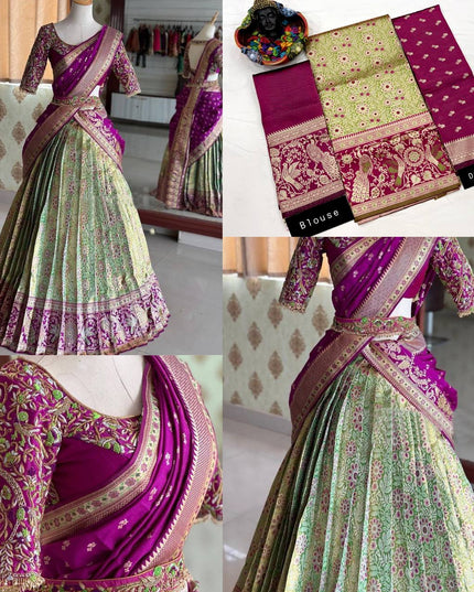 Onam Kanjivaram Silk Half Saree for Women Zari Weaving Lehenga with Embroidered Banglory Blouse and Mirror Work Dupatta Kerala Festive Ethnic Wear - Rosepetals Luxe