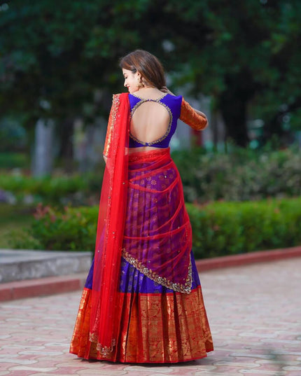 Onam Kanjivaram Silk Half Saree for Women Zari Weaving Lehenga with Embroidered Banglory Blouse and Mirror Work Dupatta Kerala Festive Ethnic Wear - Rosepetals Luxe