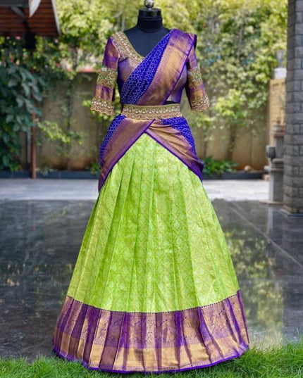 Onam Kanjivaram Silk Half Saree for Women Zari Weaving Lehenga with Embroidered Banglory Blouse and Mirror Work Dupatta Kerala Festive Ethnic Wear - Rosepetals Luxe