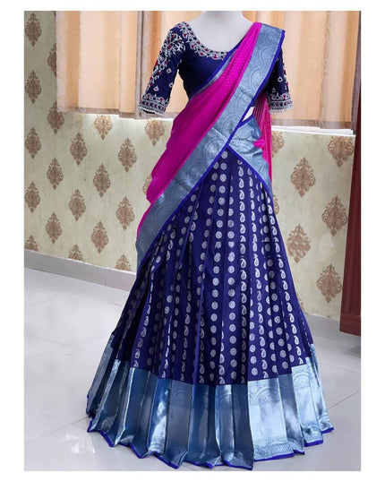 Onam Kanjivaram Silk Half Saree for Women Zari Weaving Lehenga with Embroidered Banglory Blouse and Mirror Work Dupatta Kerala Festive Ethnic Wear - Rosepetals Luxe