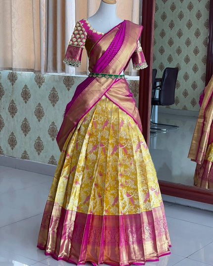 Onam Kanjivaram Silk Half Saree for Women Zari Weaving Lehenga with Embroidered Banglory Blouse and Mirror Work Dupatta Kerala Festive Ethnic Wear - Rosepetals Luxe