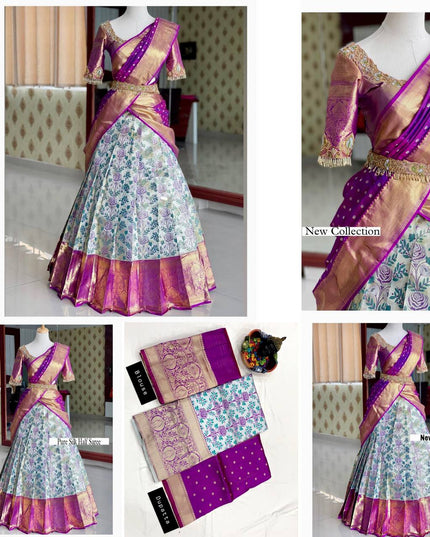 Onam Kanjivaram Silk Half Saree for Women Zari Weaving Lehenga with Embroidered Banglory Blouse and Mirror Work Dupatta Kerala Festive Ethnic Wear - Rosepetals Luxe