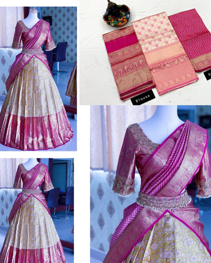 Onam Kanjivaram Silk Half Saree for Women Zari Weaving Lehenga with Embroidered Banglory Blouse and Mirror Work Dupatta Kerala Festive Ethnic Wear - Rosepetals Luxe