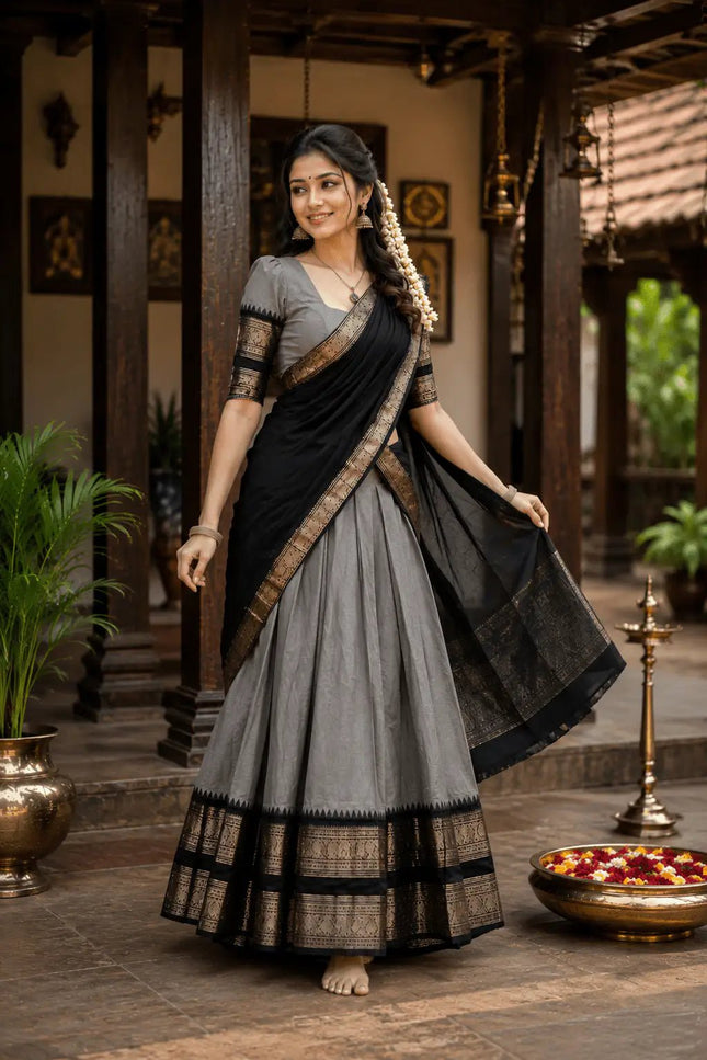 Onam Kanjivaram Silk Half Saree | Zari Lehenga with Banarasi Blouse & Dupatta - Rosepetals Luxe