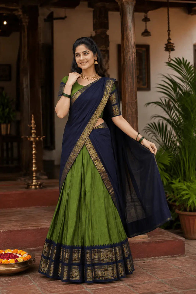 Onam Kanjivaram Silk Half Saree | Zari Lehenga with Banarasi Blouse & Dupatta - Rosepetals Luxe