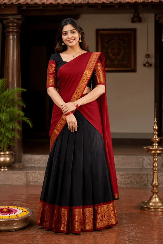 Onam Kanjivaram Silk Half Saree | Zari Lehenga with Banarasi Blouse & Dupatta - Rosepetals Luxe