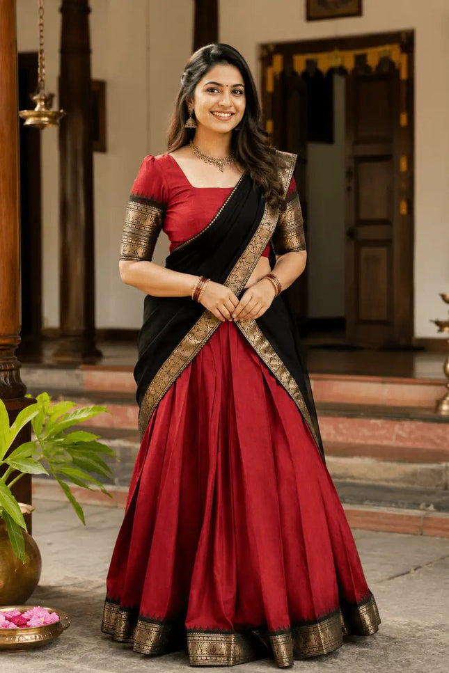 Onam Kanjivaram Silk Half Saree | Zari Lehenga with Banarasi Blouse & Dupatta - Rosepetals Luxe