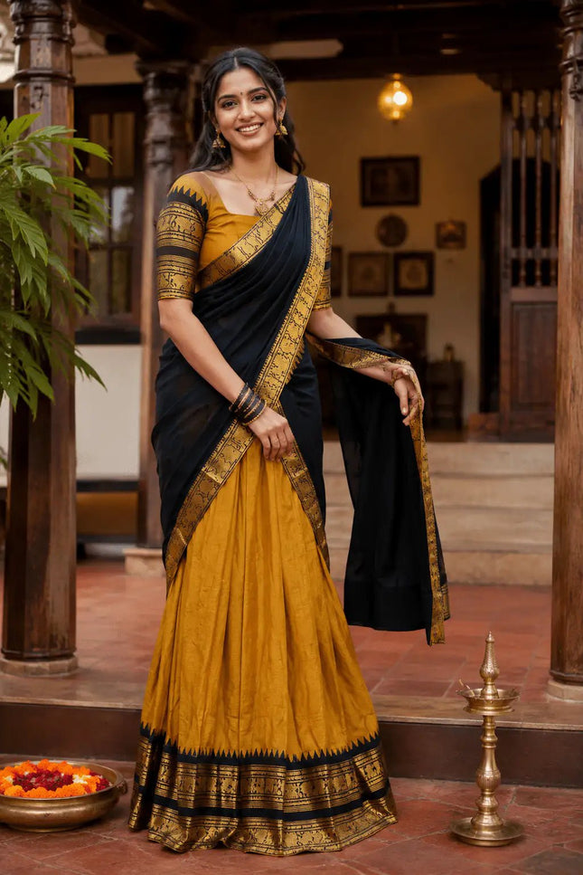 Onam Kanjivaram Silk Half Saree | Zari Lehenga with Banarasi Blouse & Dupatta - Rosepetals Luxe