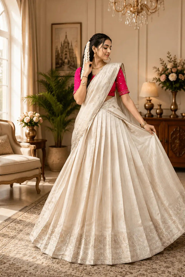 Onam Poly Kanjivaram Half Saree | Zari Weaving Lehenga with Pearl Work Blouse & Dupatta | Kerala Festive Wear - Rosepetals Luxe