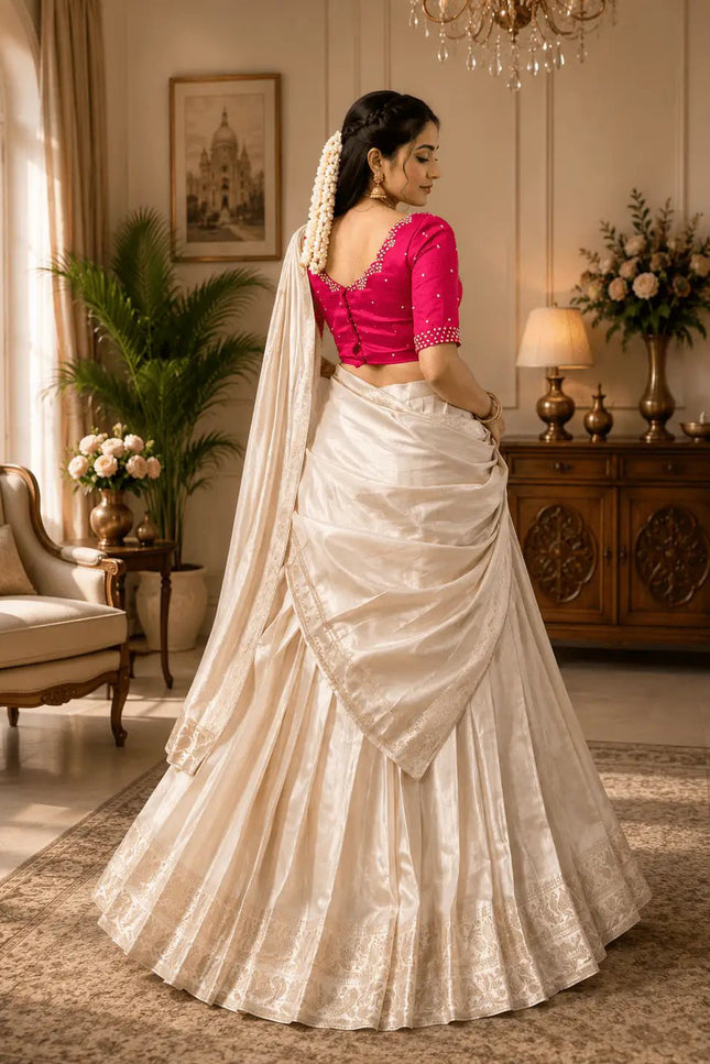 Onam Poly Kanjivaram Half Saree | Zari Weaving Lehenga with Pearl Work Blouse & Dupatta | Kerala Festive Wear - Rosepetals Luxe
