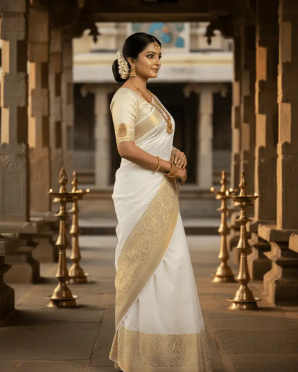 Onam Special Kerala Cotton Saree | Lightweight Festive White Drape - Rosepetals Luxe